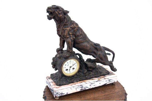 Roaring of the Lion Mantel Clock in Bronze and Marble, France, 1880s-BXB-968020