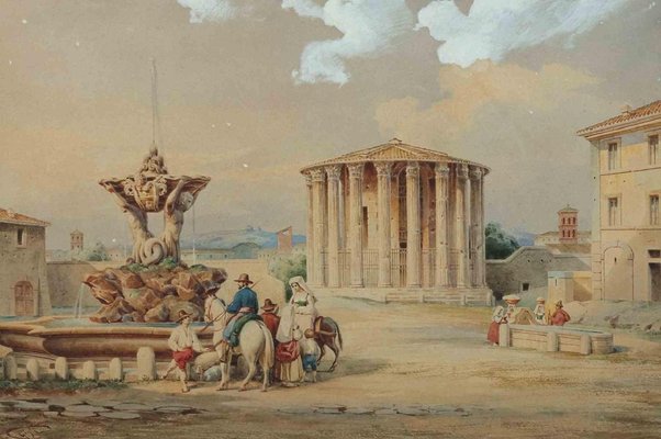 Roberto Gigli, Temple of Vesta, Ink & Watercolor, 1880s-ZCI-1788588