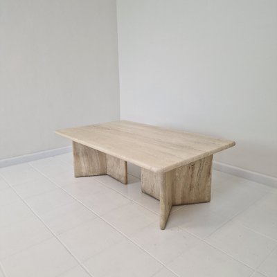 Robust Italian Travertine Coffee Table with Two 3-Leg Feet, 1980s-RQL-2042042