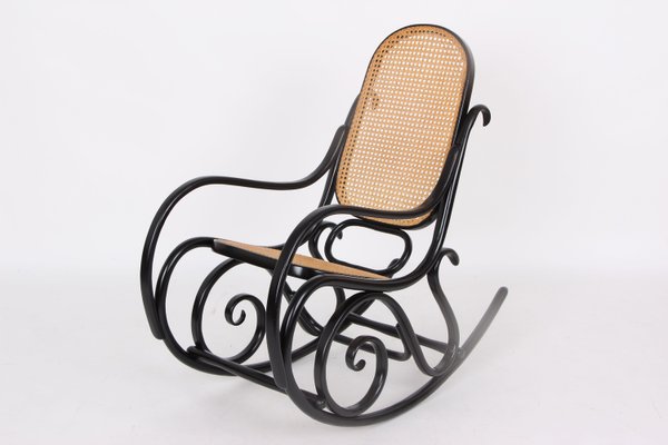 Rocking Chair in Black Lacquered Wood and French Wicker in the style of Thonet, 1970s-DQ-2035803