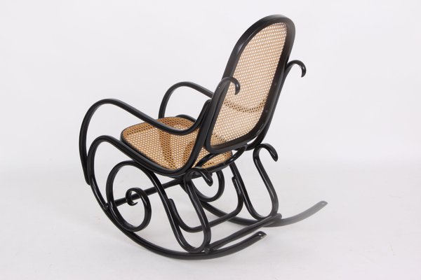 Rocking Chair in Black Lacquered Wood and French Wicker in the style of Thonet, 1970s-DQ-2035803