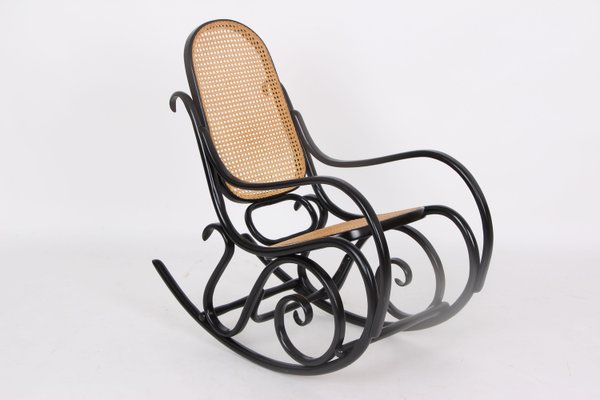 Rocking Chair in Black Lacquered Wood and French Wicker in the style of Thonet, 1970s-DQ-2035803