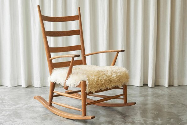 Rocking Chair in Oak and Sheepskin, France, 1960s-FEW-2026380