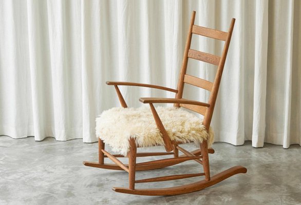 Rocking Chair in Oak and Sheepskin, France, 1960s-FEW-2026380