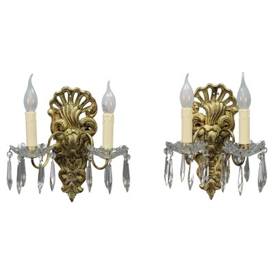 Rococo French Carved Giltwood and Crystal Glass Sconces, 1890s, Set of 2-KEG-1401526