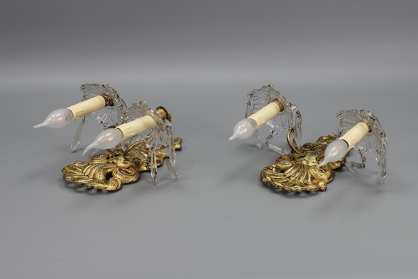 Rococo French Carved Giltwood and Crystal Glass Sconces, 1890s, Set of 2-KEG-1401526