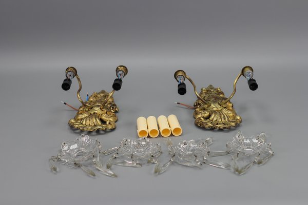 Rococo French Carved Giltwood and Crystal Glass Sconces, 1890s, Set of 2-KEG-1401526