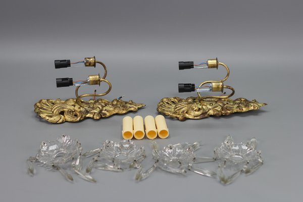 Rococo French Carved Giltwood and Crystal Glass Sconces, 1890s, Set of 2-KEG-1401526