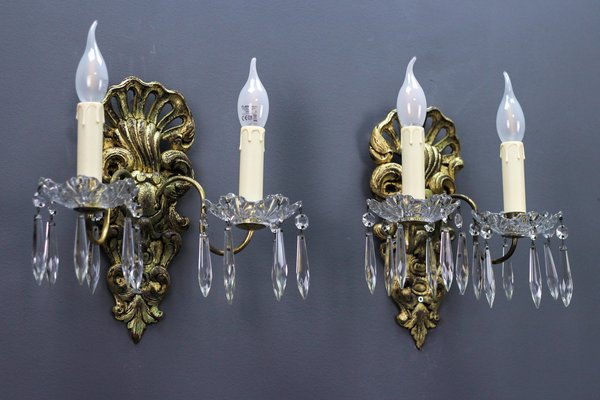 Rococo French Carved Giltwood and Crystal Glass Sconces, 1890s, Set of 2-KEG-1401526