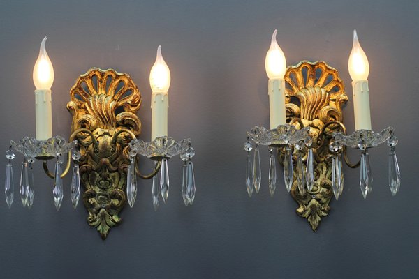 Rococo French Carved Giltwood and Crystal Glass Sconces, 1890s, Set of 2-KEG-1401526