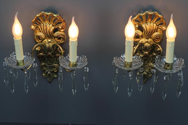 Rococo French Carved Giltwood and Crystal Glass Sconces, 1890s, Set of 2-KEG-1401526