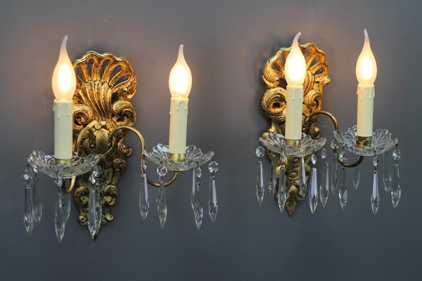 Rococo French Carved Giltwood and Crystal Glass Sconces, 1890s, Set of 2-KEG-1401526