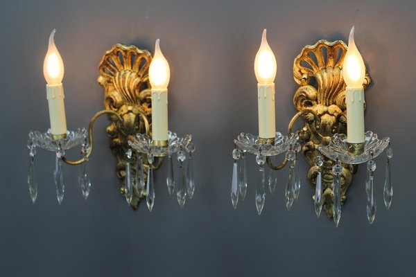 Rococo French Carved Giltwood and Crystal Glass Sconces, 1890s, Set of 2-KEG-1401526