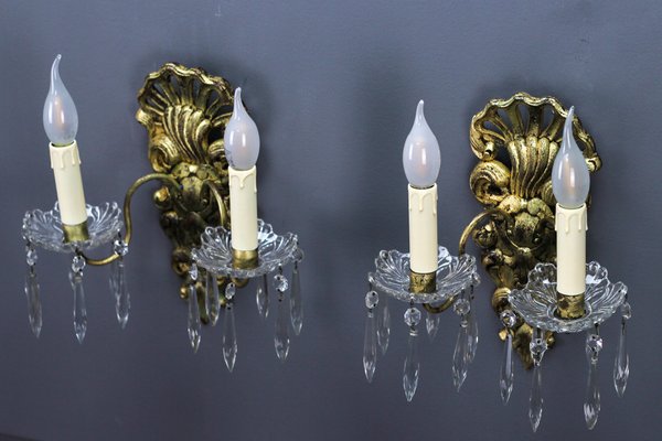 Rococo French Carved Giltwood and Crystal Glass Sconces, 1890s, Set of 2-KEG-1401526