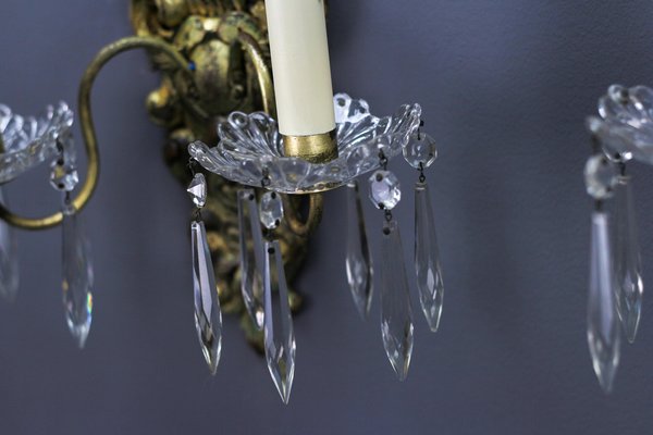 Rococo French Carved Giltwood and Crystal Glass Sconces, 1890s, Set of 2-KEG-1401526