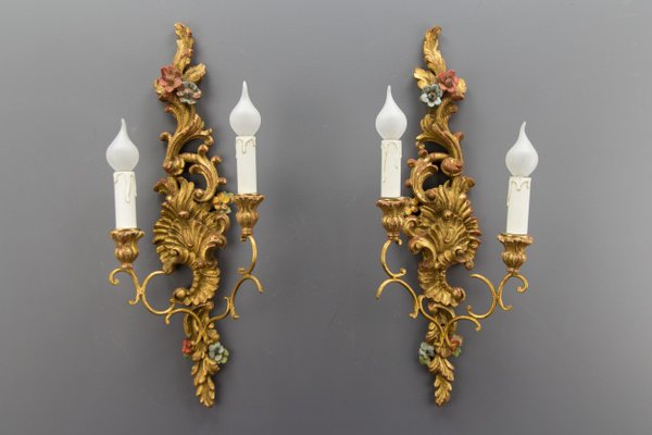 Rococo Style Carved and Polychrome Painted Wooden Sconces, 1930s, Set of 2-KEG-620756