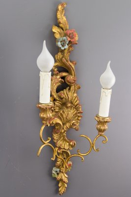 Rococo Style Carved and Polychrome Painted Wooden Sconces, 1930s, Set of 2-KEG-620756