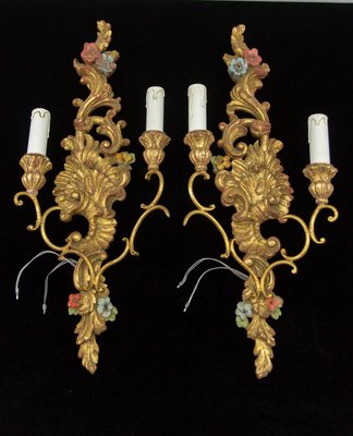 Rococo Style Carved and Polychrome Painted Wooden Sconces, 1930s, Set of 2-KEG-620756