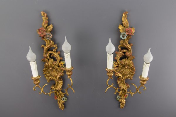 Rococo Style Carved and Polychrome Painted Wooden Sconces, 1930s, Set of 2-KEG-620756