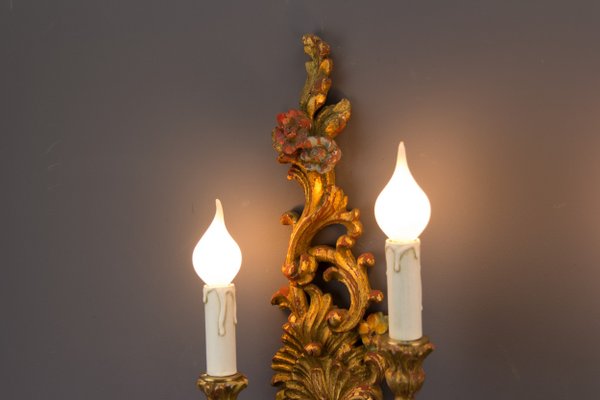 Rococo Style Carved and Polychrome Painted Wooden Sconces, 1930s, Set of 2-KEG-620756