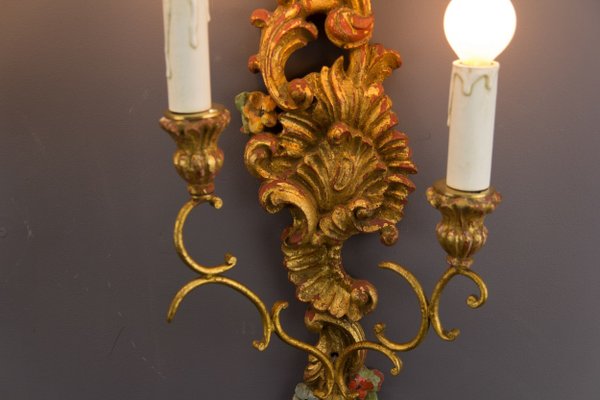 Rococo Style Carved and Polychrome Painted Wooden Sconces, 1930s, Set of 2-KEG-620756