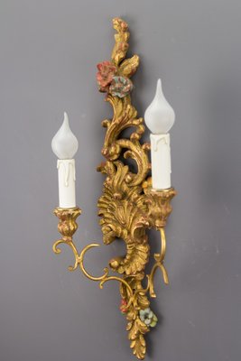 Rococo Style Carved and Polychrome Painted Wooden Sconces, 1930s, Set of 2-KEG-620756