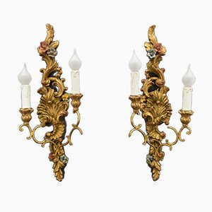 Rococo Style Carved and Polychrome Painted Wooden Sconces, 1930s, Set of 2-KEG-620756