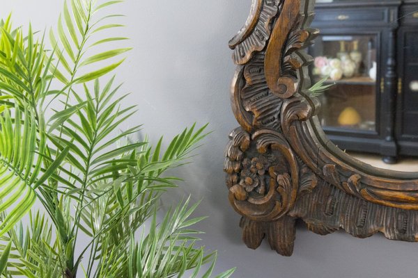 Rococo Style Carved Wood Dark Brown Wall Mirror-KEG-668389