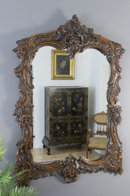 Rococo Style Carved Wood Dark Brown Wall Mirror-KEG-668389