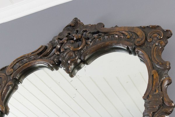 Rococo Style Carved Wood Dark Brown Wall Mirror-KEG-668389