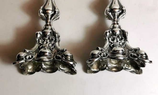 Rococo Style Italian Silver Candleholders, 1950s, Set of 2-QRS-713807