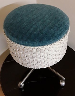 Rollable Sewing Box Stool in Blue Fabric, White Plastic Braid & Chrome, 1970s-HOI-1408802