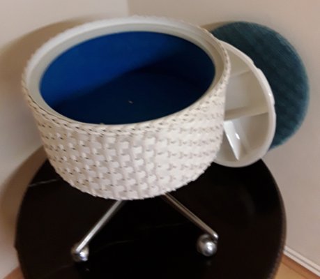 Rollable Sewing Box Stool in Blue Fabric, White Plastic Braid & Chrome, 1970s-HOI-1408802