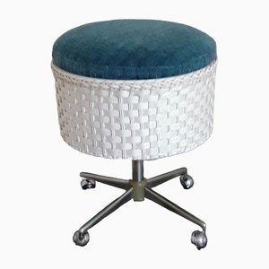 Rollable Sewing Box Stool in Blue Fabric, White Plastic Braid & Chrome, 1970s-HOI-1408802