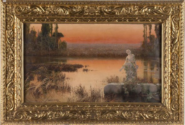 Romantic Landscape at Sunset - Original Oil Painting by E. Serra y Auque Early 20th Century-ZCI-756362