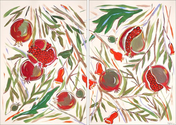 Romina Milano, Illustration Style Diptych of Ripe Pomegranate Tree, 2024, Acrylic Painting on Paper-RWC-2017678