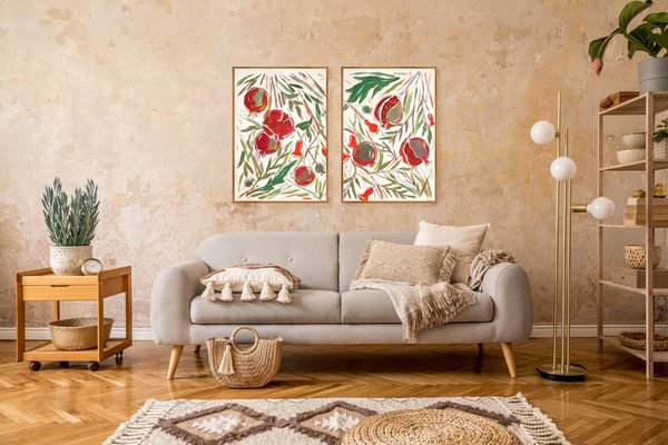 Romina Milano, Illustration Style Diptych of Ripe Pomegranate Tree, 2024, Acrylic Painting on Paper-RWC-2017678