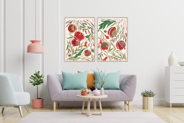 Romina Milano, Illustration Style Diptych of Ripe Pomegranate Tree, 2024, Acrylic Painting on Paper-RWC-2017678