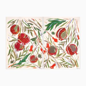 Romina Milano, Illustration Style Diptych of Ripe Pomegranate Tree, 2024, Acrylic Painting on Paper-RWC-2017678