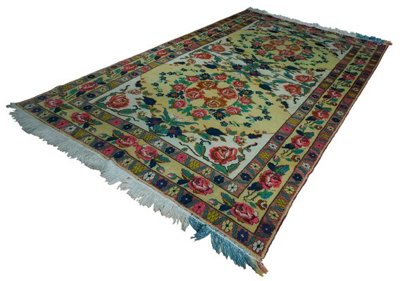 Roses Oriental Hand Knotted Rug in Wool, 1920s-UZN-1398474