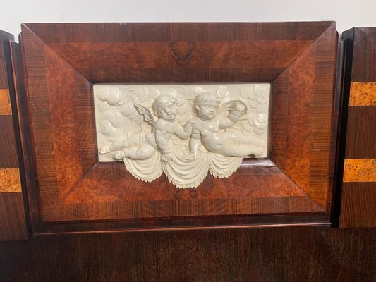 Rosewood and Walnut Bed and Bedside Tables with Cherub Carving by Ducrot, 1929, Set of 3-IJR-870084