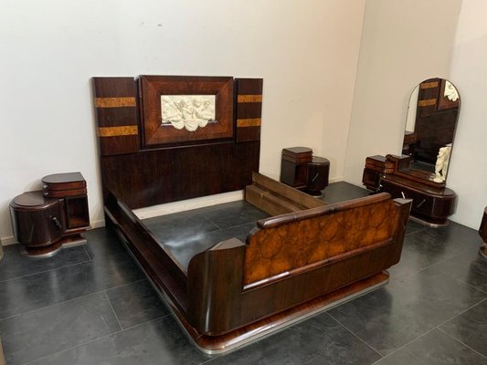 Rosewood and Walnut Bed and Bedside Tables with Cherub Carving by Ducrot, 1929, Set of 3-IJR-870084