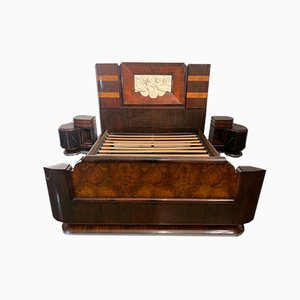 Rosewood and Walnut Bed and Bedside Tables with Cherub Carving by Ducrot, 1929, Set of 3-IJR-870084