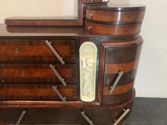 Rosewood & Carved Burl Oval Chest of Drawers & Mirror by Ducrot, 1920s, Set of 2-IJR-870030