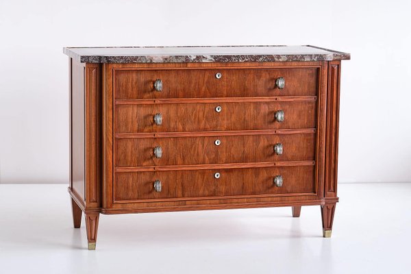 Rosewood Chest of Drawers with Red Marble Top by Lucien Rollin, 1940s-FMT-827176