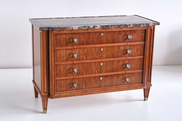 Rosewood Chest of Drawers with Red Marble Top by Lucien Rollin, 1940s-FMT-827176