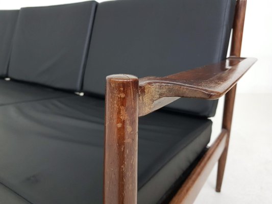 Rosewood Sofa with Black Vinyl Upholstery, 1960s-ZO-634469