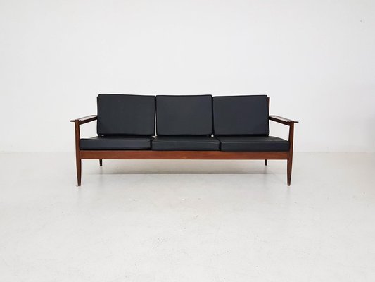 Rosewood Sofa with Black Vinyl Upholstery, 1960s-ZO-634469