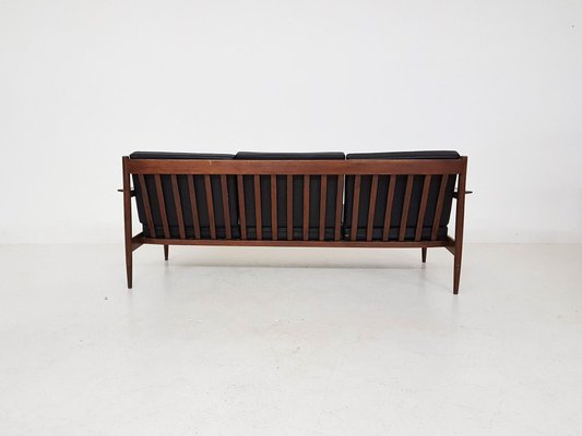 Rosewood Sofa with Black Vinyl Upholstery, 1960s-ZO-634469