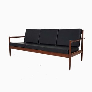 Rosewood Sofa with Black Vinyl Upholstery, 1960s-ZO-634469